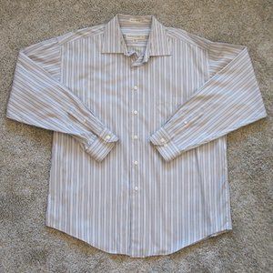 Pronto Uomo Men's Tan Striped Long Sleeve Dress Shirt Size XL Non Iron Cotton